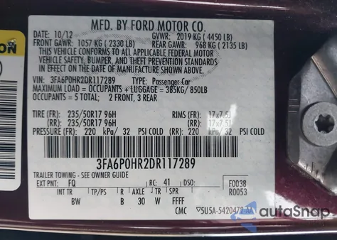 2013 Ford Fusion Se из США, поврежденный, VIN 3FA6P0HR2DR117289